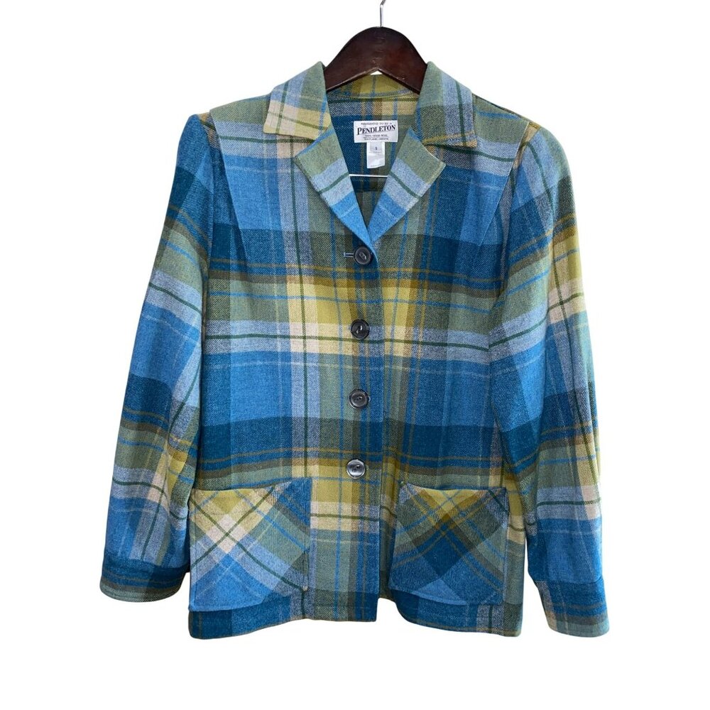 Vintage Pendleton Womens 49er Jacket 100% Virgin Wool Blue Green Plaid Small USA
